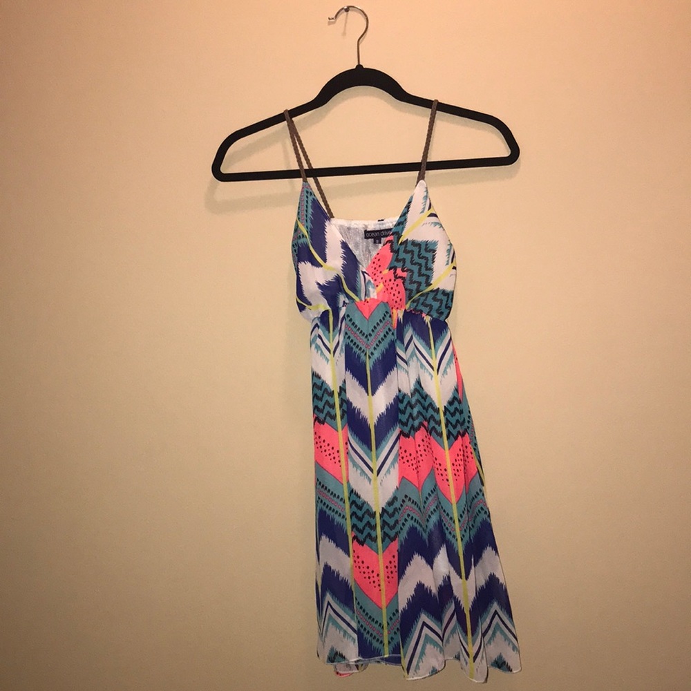 Tribal design short dress braid leather straps